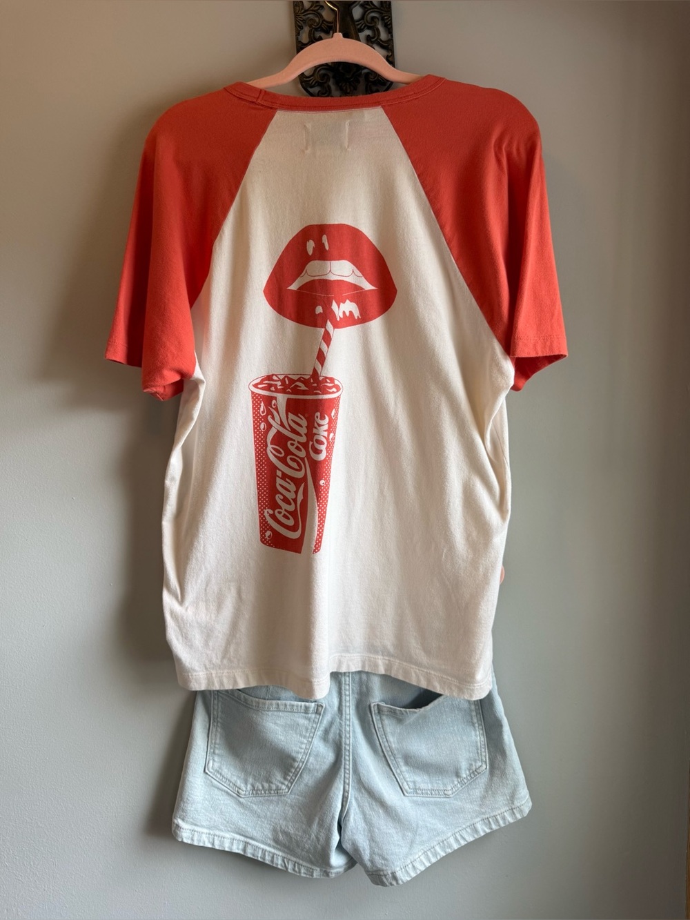 American Eagle Coca Cola Graphic Raglan Tee Red Coral Small Adult - 4th of July - Picture 8 of 9